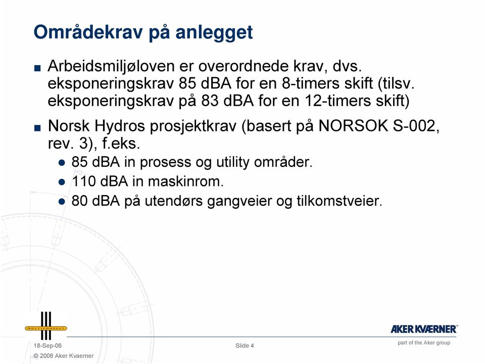 eksponeringskrav på 83 dba for en 12-timers skift) Norsk Hydros prosjektkrav (basert på