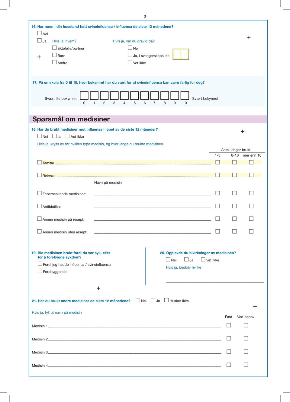 Har du brukt medisiner mot influensa i løpet av de siste 12 måneder? Hvis ja, kryss av for hvilken type medisin, og hvor lenge du brukte medisinen. Antall dager brukt 1-5 6-10 mer enn 10 Tamiflu.