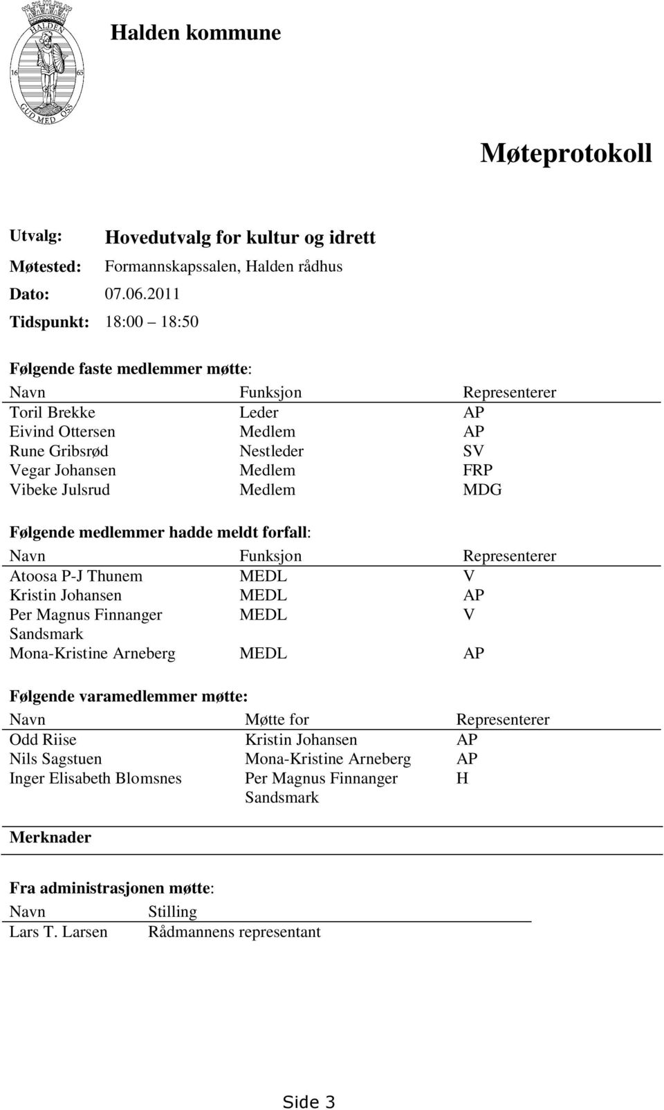 AP Rune Gribsrød Nestleder SV Vegar Johansen Medlem FRP Vibeke Julsrud Medlem MDG Følgende medlemmer hadde meldt forfall: Navn Funksjon Representerer Atoosa P-J Thunem MEDL V Kristin Johansen MEDL AP