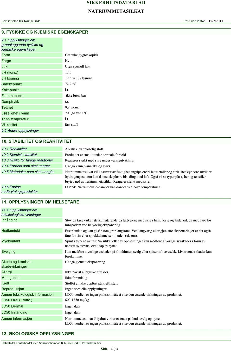 r. i.r. 0,9 g/cm3 200 g/l v/20 C i.r. fast stoff 10. STABILITET OG REAKTIVITET 10.1 Reaktivitet Alkalisk, vannløselig stoff. 10.2 Kjemisk stabilitet Produktet er stabilt under normale forhold. 10.3 Risiko for farlige reaktioner Reagerer sterkt med syre under varmeutvikling.