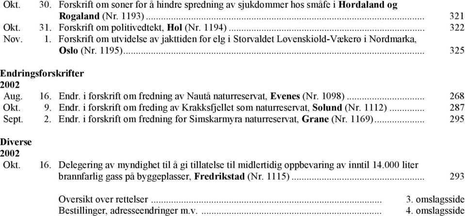 .. 325 Endringsforskrifter 2002 Aug. 16. Endr. i forskrift om fredning av Nautå naturreservat, Evenes (Nr. 1098)... 268 Okt. 9. Endr. i forskrift om freding av Krakksfjellet som naturreservat, Solund (Nr.