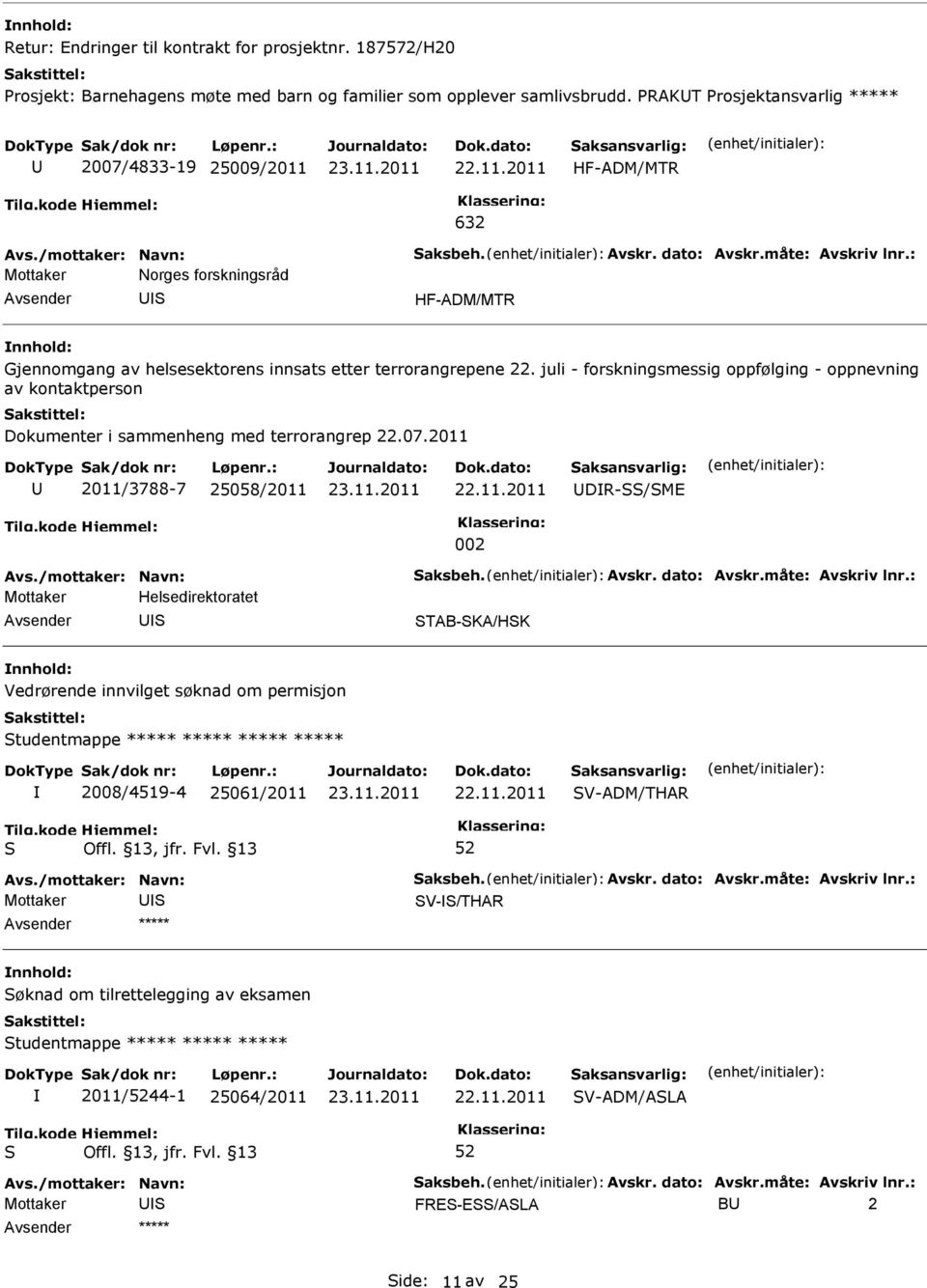 juli - forskningsmessig oppfølging - oppnevning av kontaktperson Dokumenter i sammenheng med terrorangrep 22.07.2011 