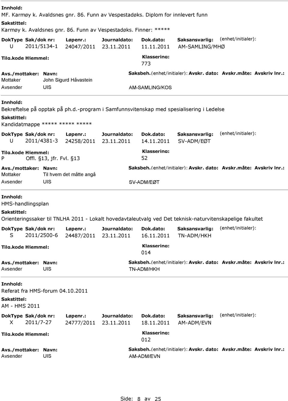 11.2011 V-ADM/EØT Mottaker Til hvem det måtte angå V-ADM/EØT HM-handlingsplan Orienteringssaker til TNLHA 2011 - Lokalt hovedavtaleutvalg ved Det teknisk-naturvitenskapelige fakultet