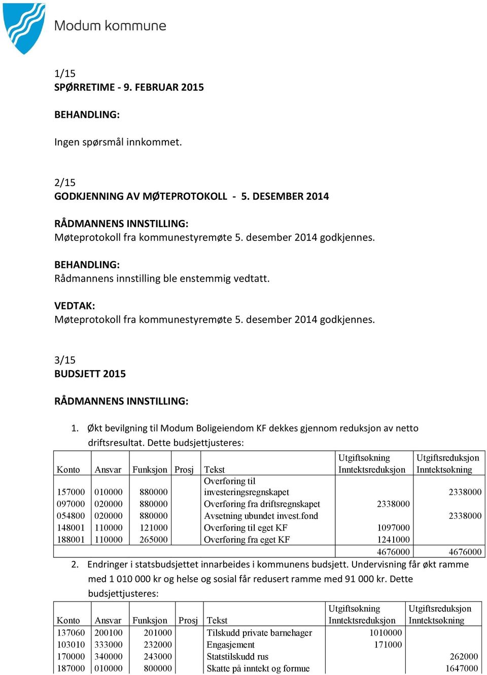 Økt bevilgning til Modum Boligeiendom KF dekkes gjennom reduksjon av netto driftsresultat.