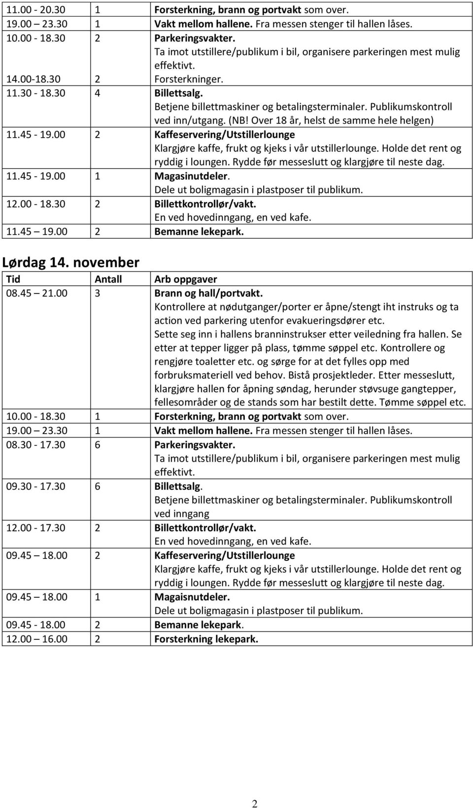 1.00-18.30 Billettkontrollør/vakt. 11.45 19.00 Bemanne lekepark. Lørdag 14. november 08.45 1.00 3 Brann og hall/portvakt.