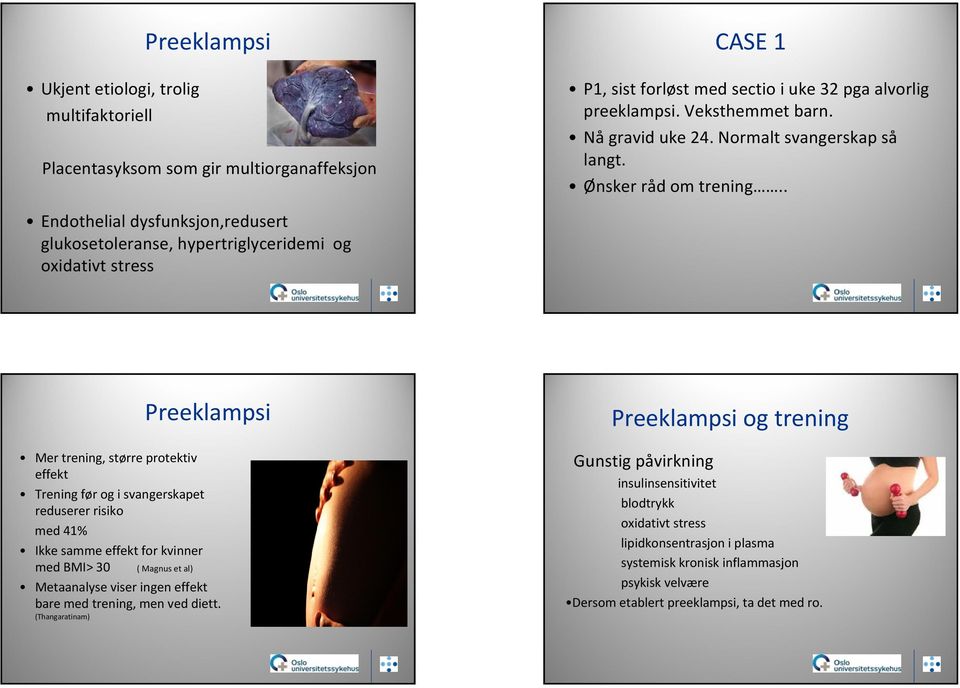 . Endothelial dysfunksjon,redusert glukosetoleranse, hypertriglyceridemi og oxidativt stress Preeklampsi Mer trening, større protektiv effekt Trening før og i svangerskapet reduserer risiko med 41%