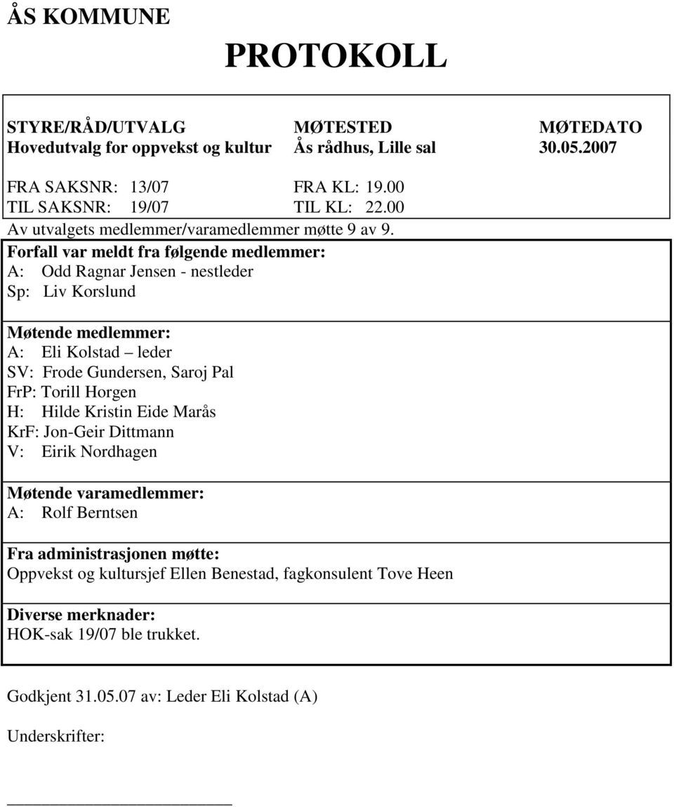 Forfall var meldt fra følgende medlemmer: A: Odd Ragnar Jensen - nestleder Sp: Liv Korslund Møtende medlemmer: A: Eli Kolstad leder SV: Frode Gundersen, Saroj Pal FrP: Torill