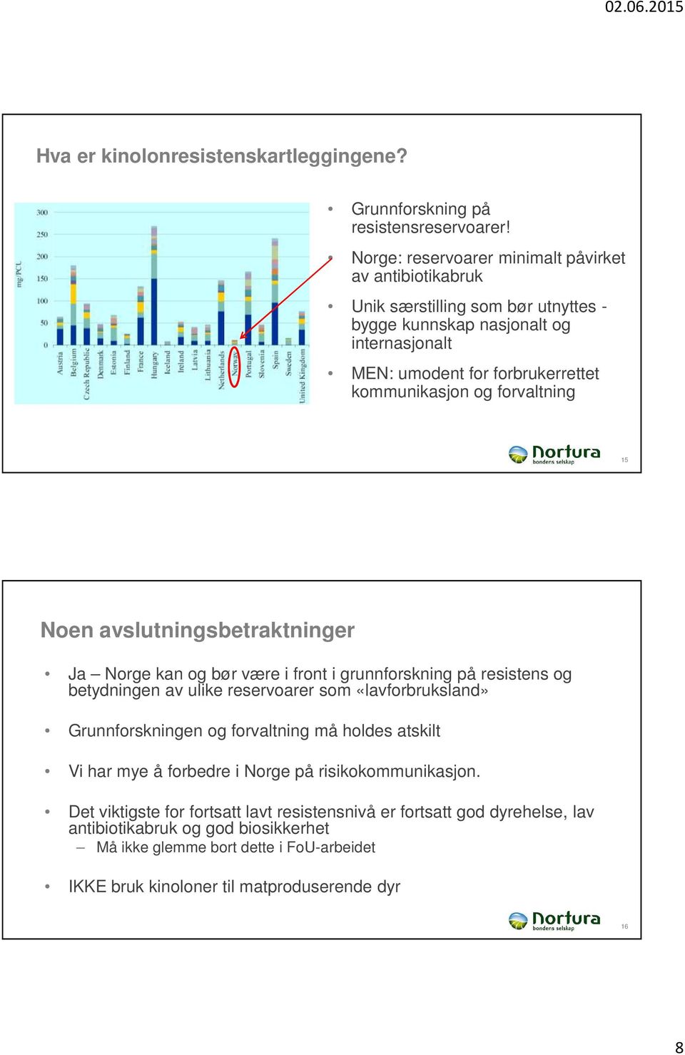 og forvaltning 15 Noen avslutningsbetraktninger Ja Norge kan og bør være i front i grunnforskning på resistens og betydningen av ulike reservoarer som «lavforbruksland»