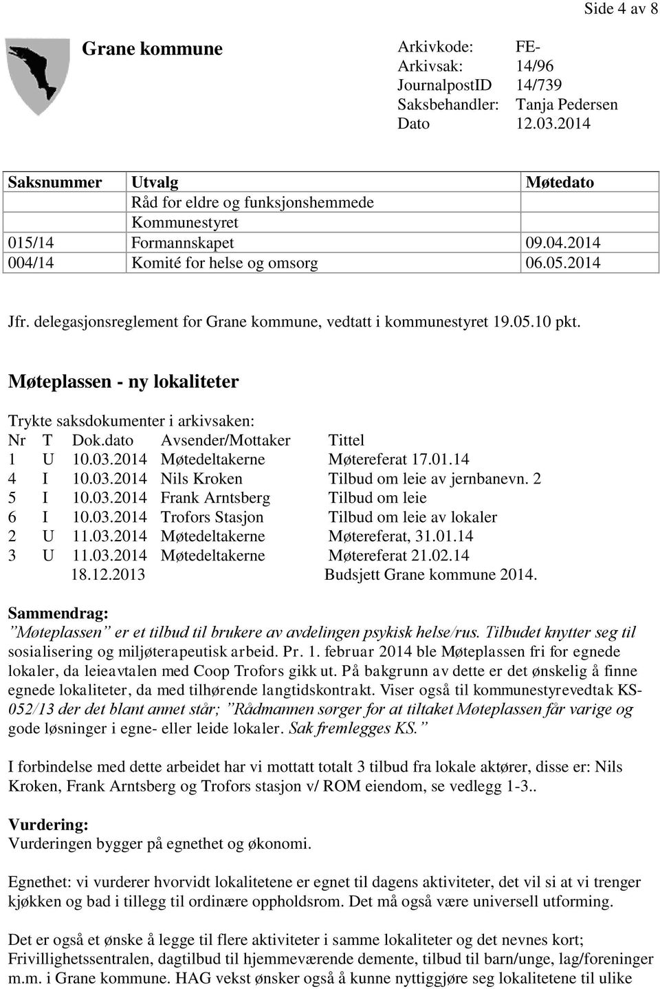 delegasjonsreglement for Grane kommune, vedtatt i kommunestyret 19.05.10 pkt. Møteplassen - ny lokaliteter Trykte saksdokumenter i arkivsaken: Nr T Dok.dato Avsender/Mottaker Tittel 1 U 10.03.