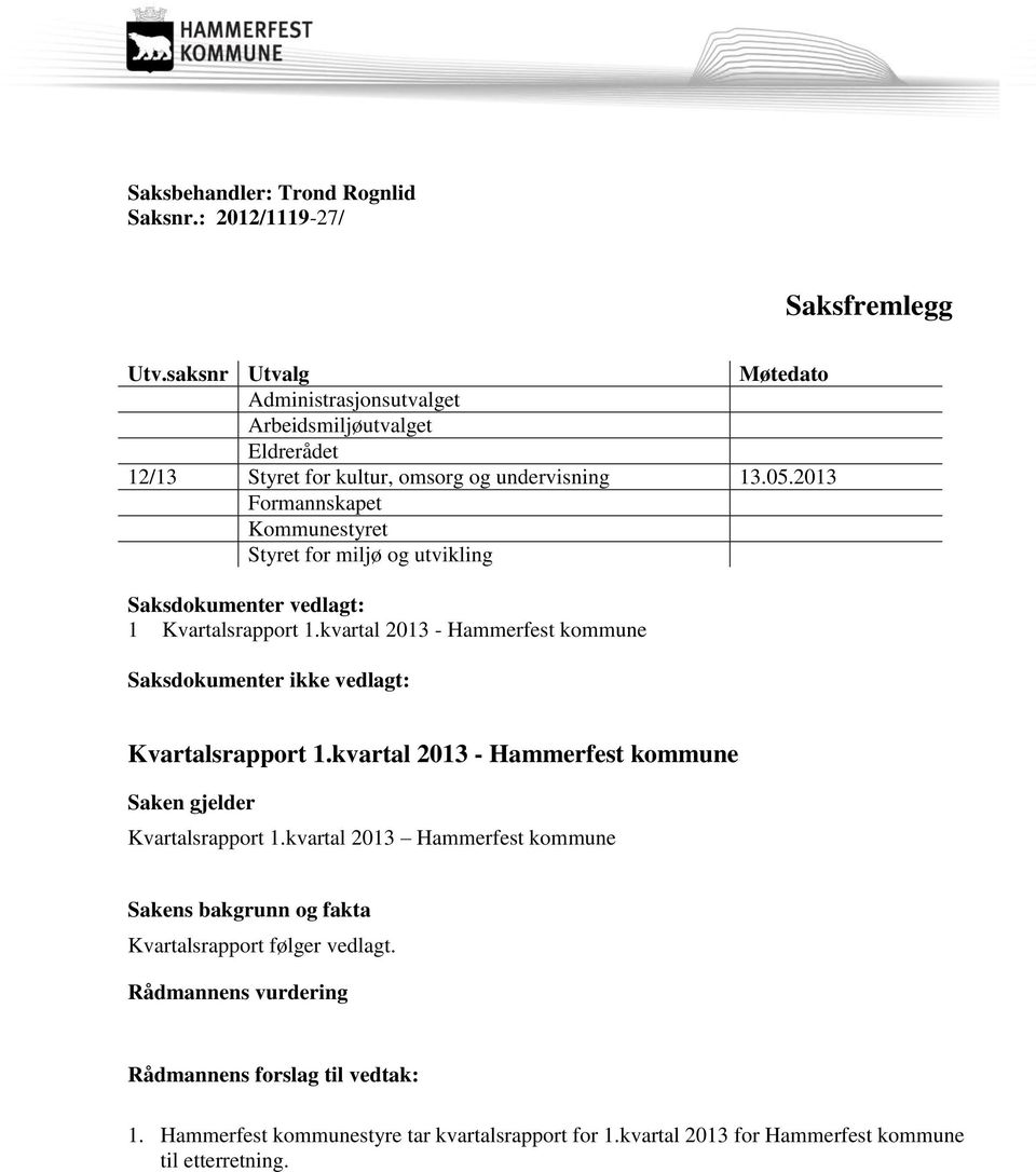 2013 Formannskapet Kommunestyret Styret for miljø og utvikling Saksdokumenter vedlagt: 1 Kvartalsrapport 1.