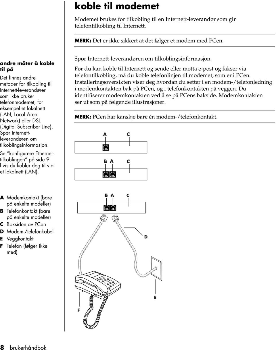 Subscriber Line). Spør Internettleverandøren om tilkoblingsinformasjon. Se konfigurere Ethernettilkoblingen på side 9 hvis du kobler deg til via et lokalnett (LAN).