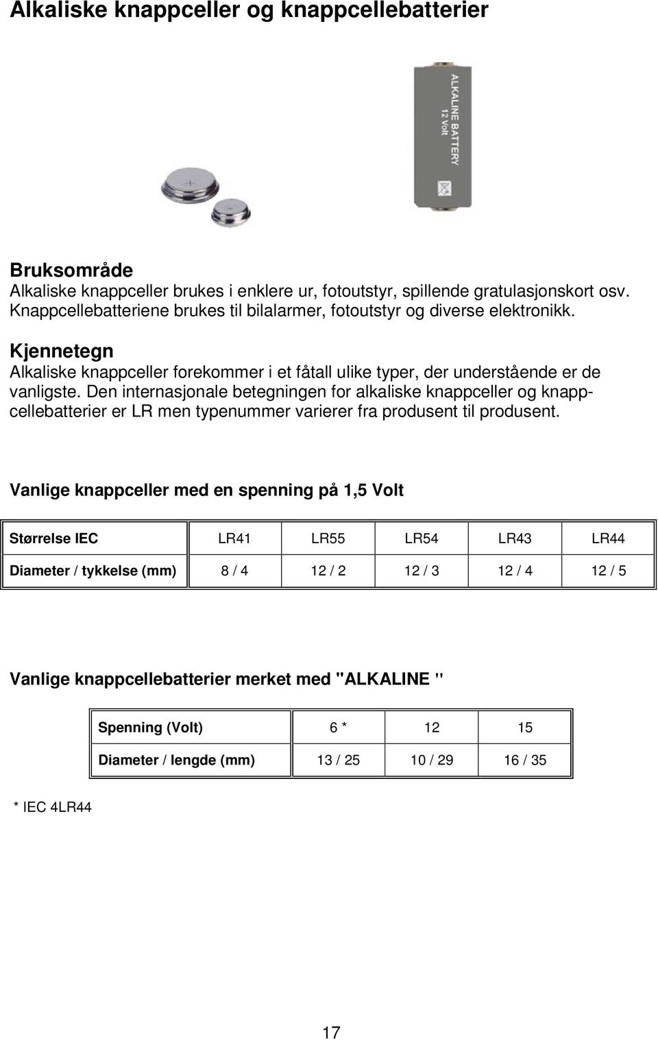 Den internasjonale betegningen for alkaliske knappceller og knappcellebatterier er LR men typenummer varierer fra produsent til produsent.