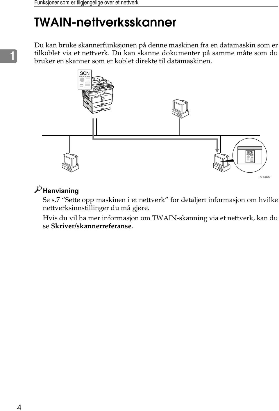 Du kan skanne dokumenter på samme måte som du bruker en skanner som er koblet direkte til datamaskinen. ARL002S Henvisning Se s.