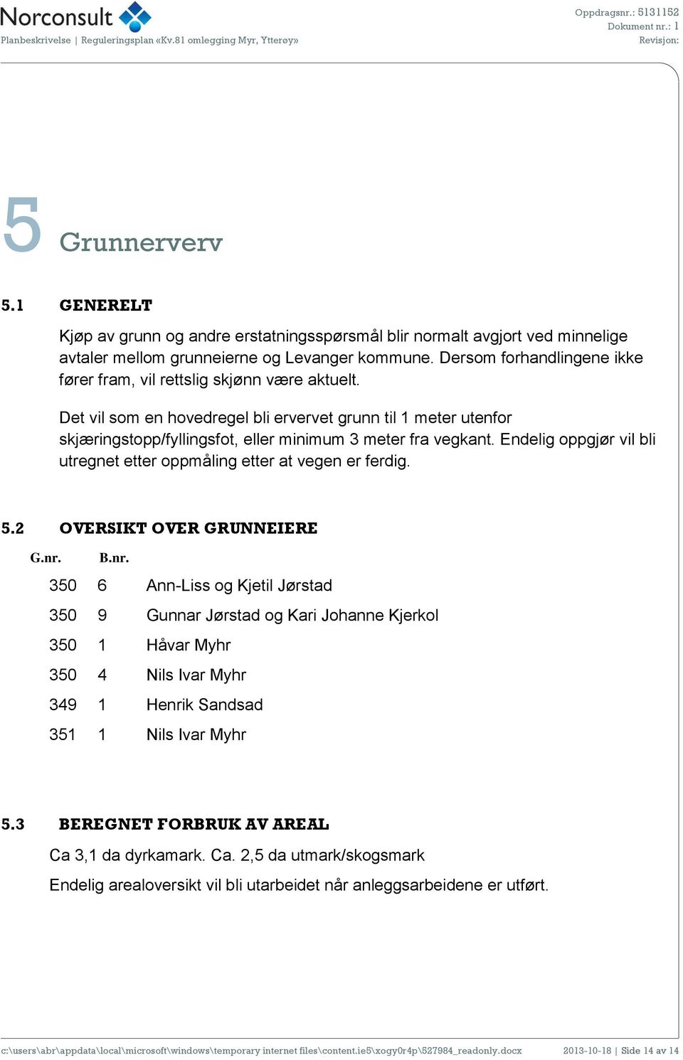 Endelig oppgjør vil bli utregnet etter oppmåling etter at vegen er ferdig. 5.2 OVERSIKT OVER GRUNNEIERE G.nr.