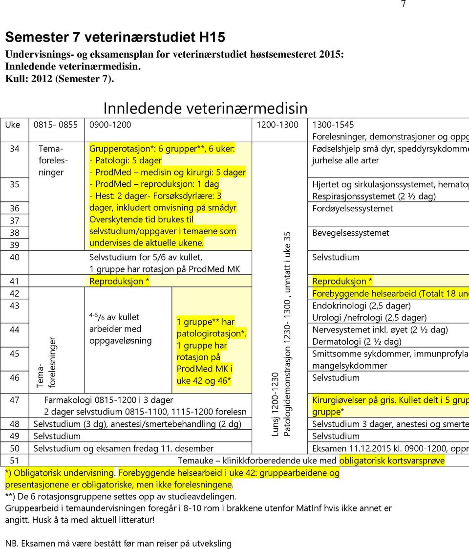 reproduksjon: 1 dag - Hest: 2 dager- Forsøksdyrlære: 3 dager, inkludert omvisning på smådyr Overskytende tid brukes til selvstudium/oppgaver i temaene som Lunsj 1200-1230 Patologidemonstrasjon