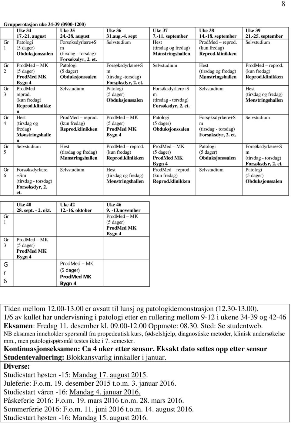 klinikke n Hest (tirsdag og fredag) Mønstringshalle n Selvstudium Forsøksdyrlære +Sm (tirsdag - torsdag) Forsøksdyr, 2. et. Forsøksdyrlære+S m (tirsdag - torsdag) Forsøksdyr, 2. et. Patologi (5 dager) Obduksjonssalen Selvstudium ProdMed reprod.