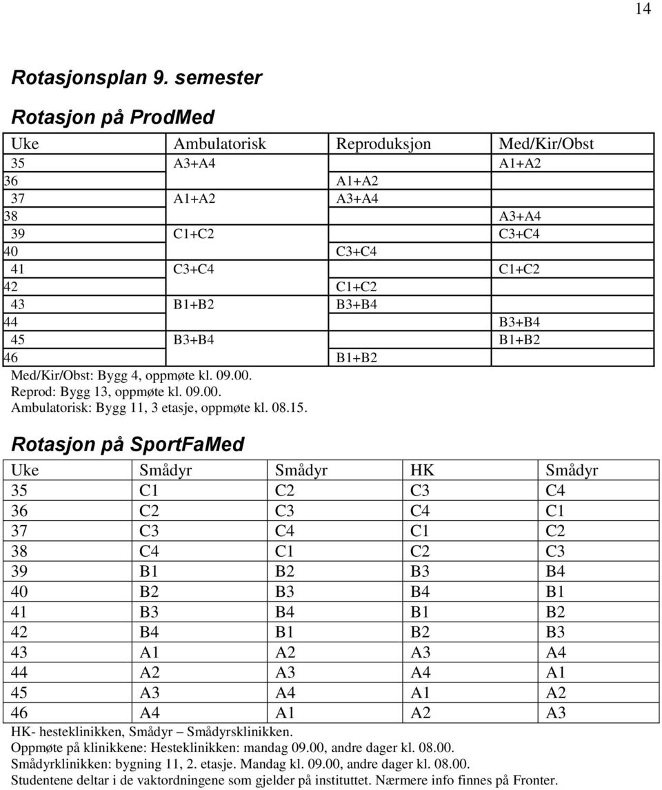 B3+B4 B1+B2 46 B1+B2 Med/Kir/Obst: Bygg 4, oppmøte kl. 09.00. Reprod: Bygg 13, oppmøte kl. 09.00. Ambulatorisk: Bygg 11, 3 etasje, oppmøte kl. 08.15.