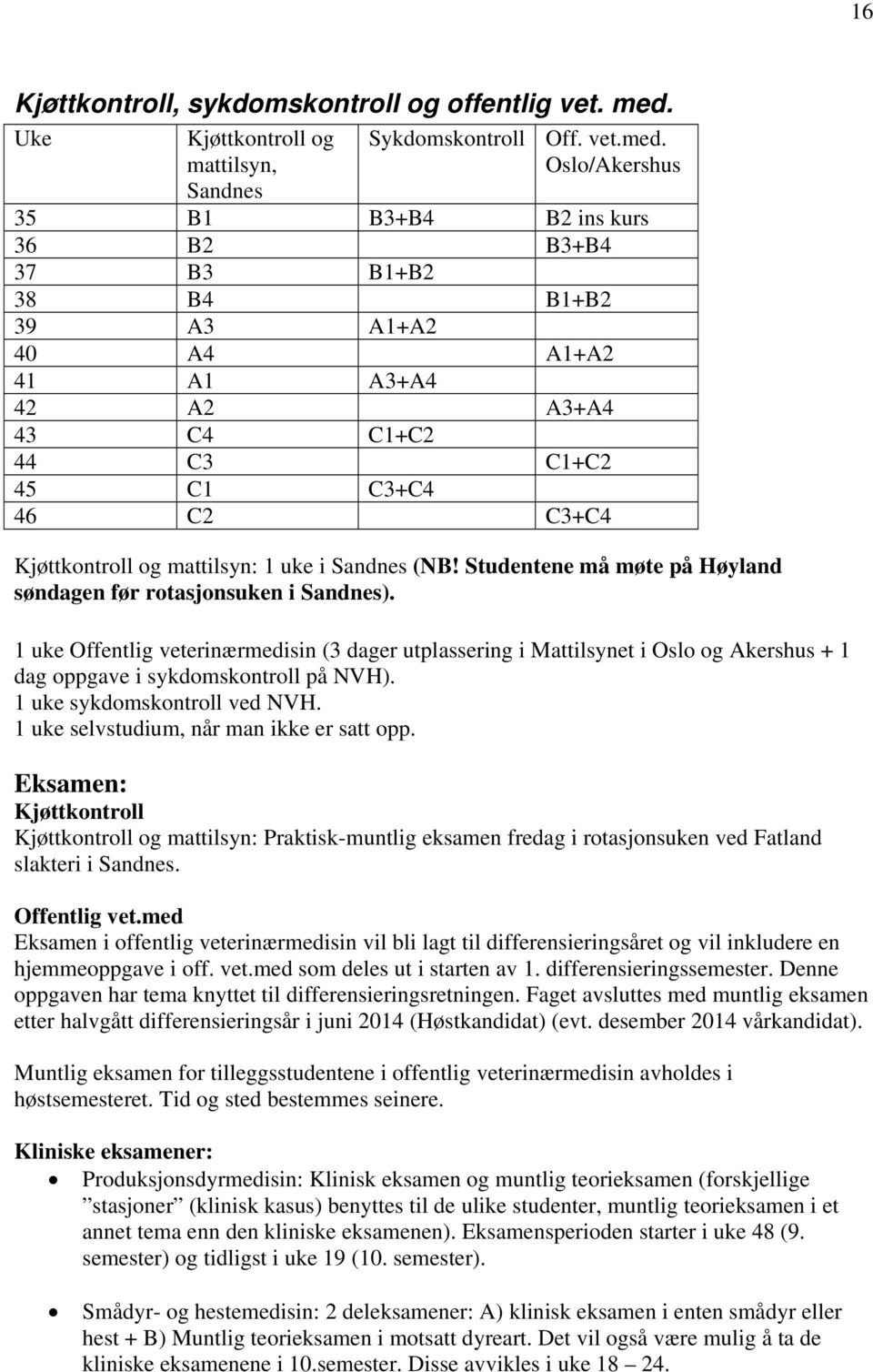 Oslo/Akershus andnes 35 B1 B3+B4 B2 ins kurs 36 B2 B3+B4 37 B3 B1+B2 38 B4 B1+B2 39 A3 A1+A2 40 A4 A1+A2 41 A1 A3+A4 42 A2 A3+A4 43 C4 C1+C2 44 C3 C1+C2 45 C1 C3+C4 46 C2 C3+C4 Kjøttkontroll og