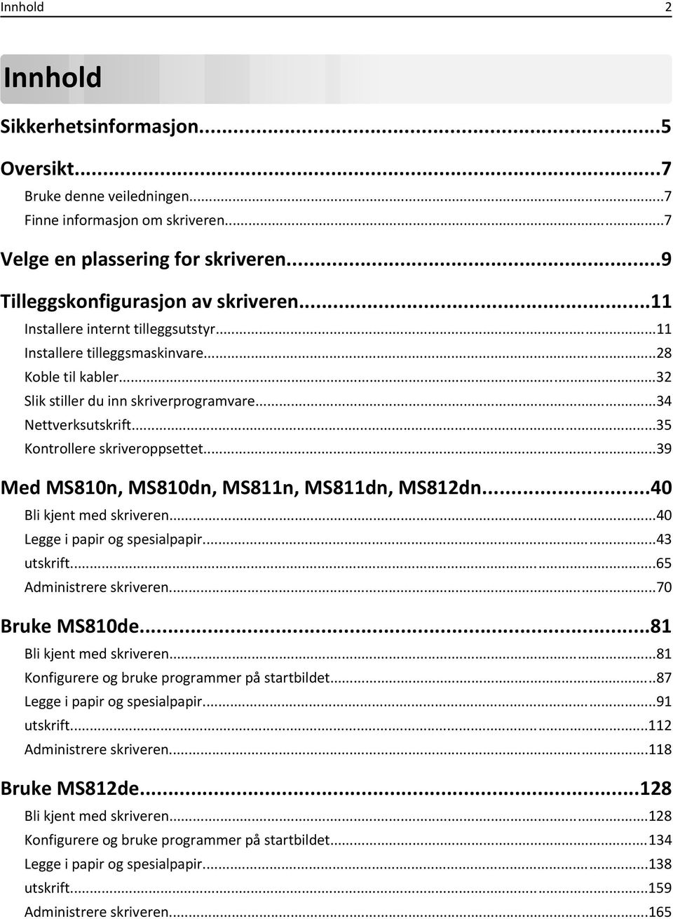 ..39 Med MS810n, MS810dn, MS811n, MS811dn, MS812dn...40 Bli kjent med skriveren...40 Legge i papir og spesialpapir...43 utskrift...65 Administrere skriveren...70 Bruke MS810de.