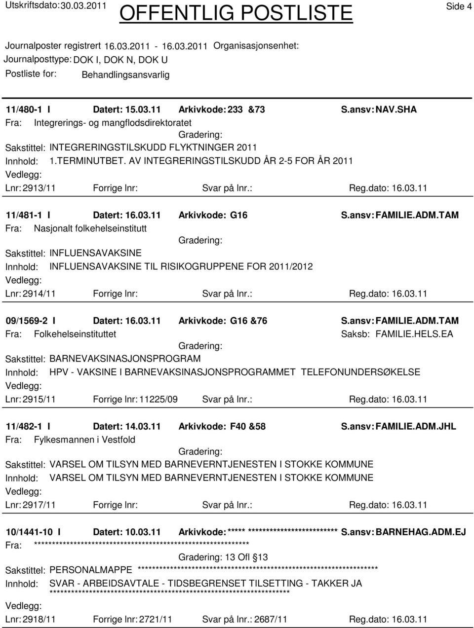 TAM Fra: Nasjonalt folkehelseinstitutt Sakstittel: INFLUENSAVAKSINE Innhold: INFLUENSAVAKSINE TIL RISIKOGRUPPENE FOR 2011/2012 Lnr: 2914/11 Forrige lnr: Svar på lnr.: Reg.dato: 16.03.