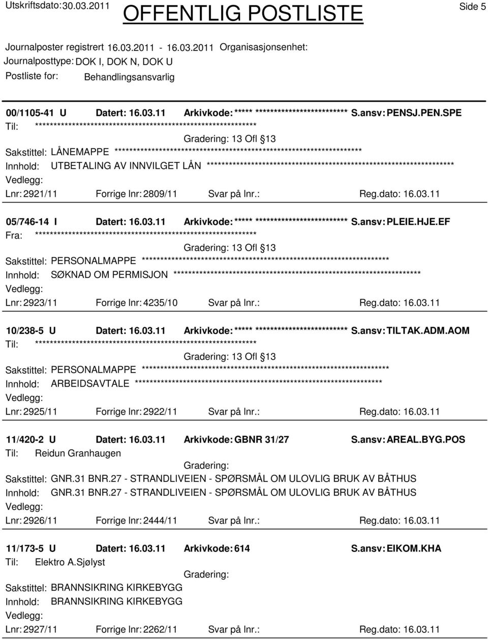 ansv: PLEIE.HJE.EF 13 Ofl 13 Innhold: SØKNAD OM PERMISJON Lnr: 2923/11 Forrige lnr: 4235/10 Svar på lnr.: Reg.dato: 16.03.11 10/238-5 U Datert: 16.03.11 Arkivkode:***** ****************************** S.