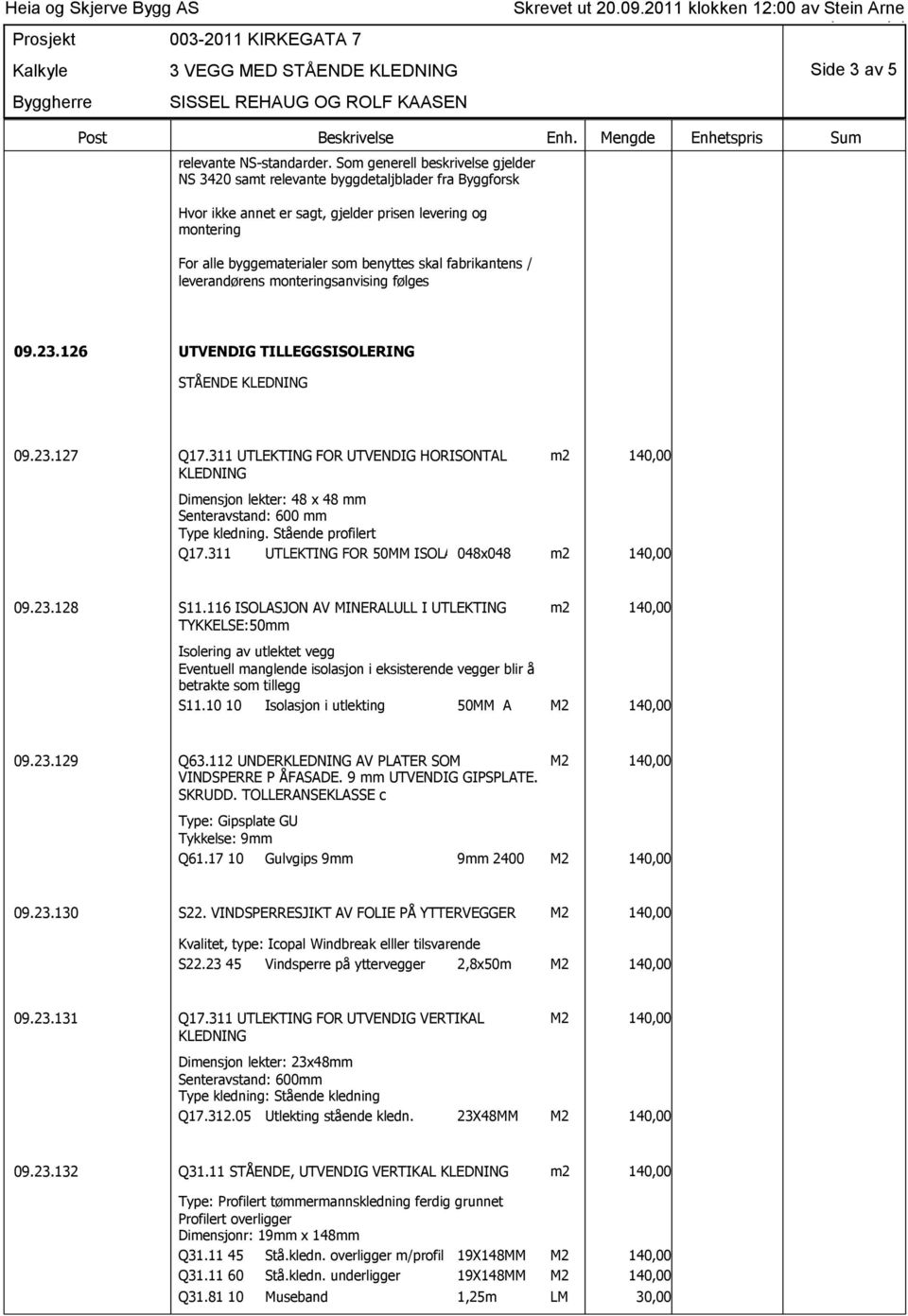 fabrikantens / leverandørens monteringsanvising følges 09.23.126 UTVENDIG TILLEGGSISOLERING STÅENDE KLEDNING 09.23.127 Q17.