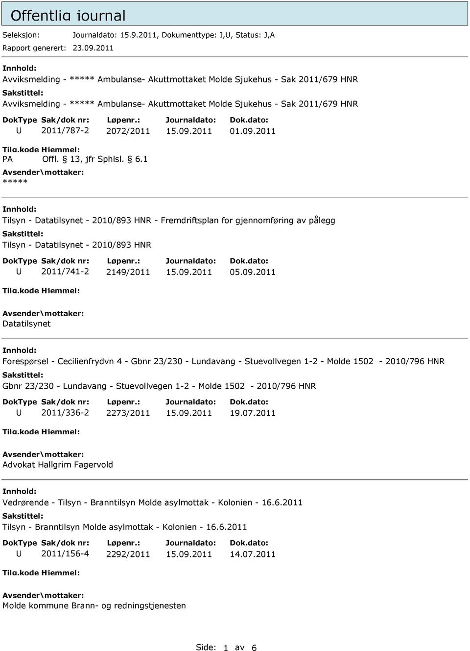 2011 Tilsyn - Datatilsynet - 2010/893 HNR - Fremdriftsplan for gjennomføring av pålegg Tilsyn - Datatilsynet - 2010/893 HNR 2011/741-2 2149/2011 05.09.