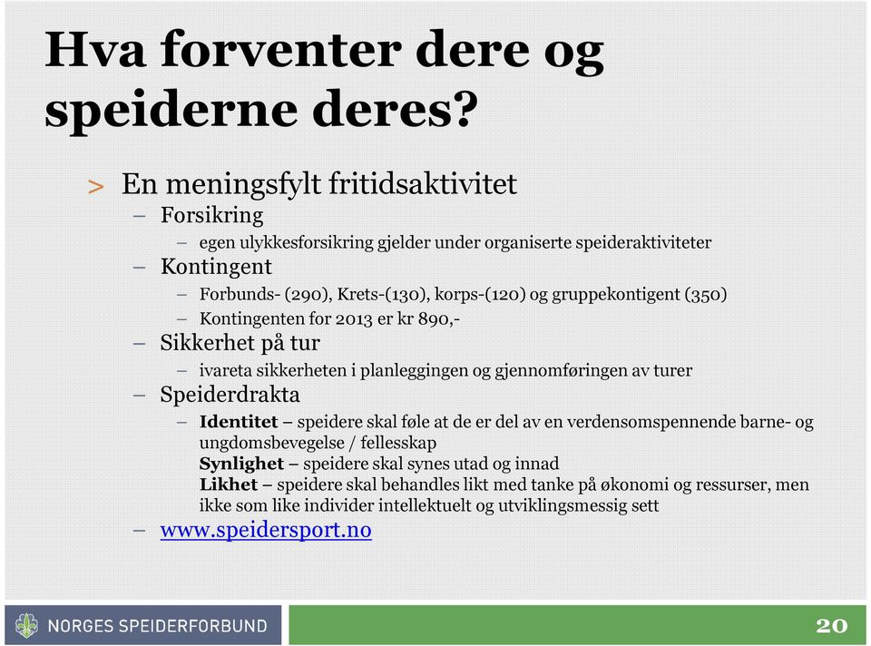 og gruppekontigent (350) Kontingenten for 2013 er kr 890,- Sikkerhet på tur ivareta sikkerheten i planleggingen og gjennomføringen av turer Speiderdrakta Identitet