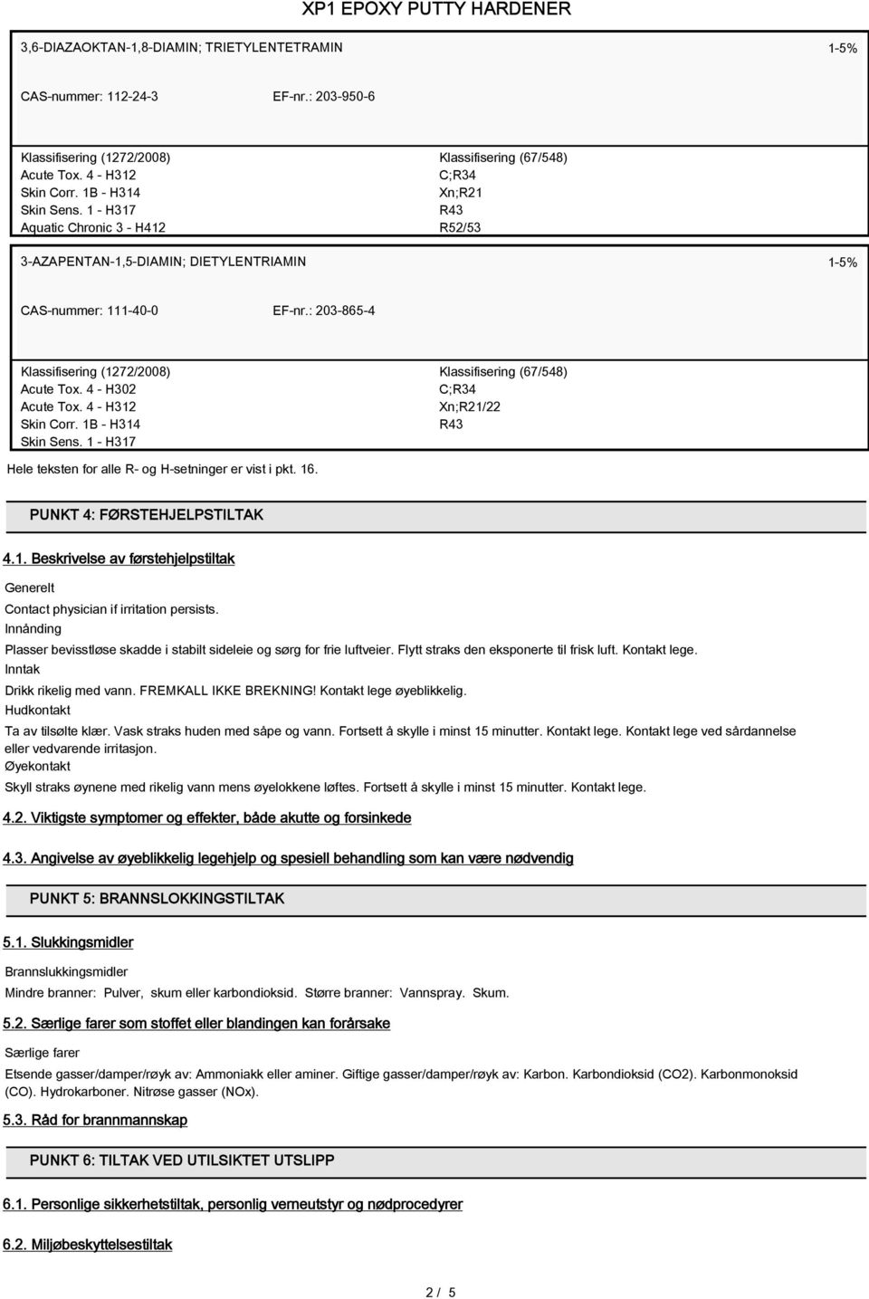 4 - H302 Acute Tox. 4 - H312 Skin Corr. 1B - H314 Skin Sens. 1 - H317 Klassifisering (67/548) C;R34 Xn;R21/22 Hele teksten for alle R- og H-setninger er vist i pkt. 16. PUNKT 4: FØRSTEHJELPSTILTAK 4.