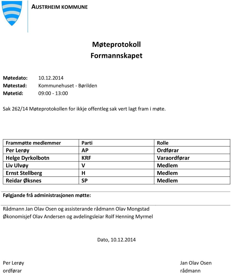 Frammøtte medlemmer Parti Rolle Per Lerøy AP Ordførar Helge Dyrkolbotn KRF Varaordførar Liv Ulvøy V Medlem Ernst Stellberg H Medlem Reidar