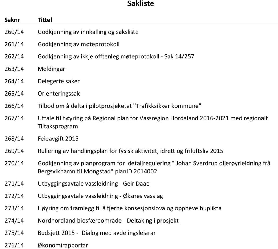 Tiltaksprogram 268/14 Feieavgift 2015 269/14 Rullering av handlingsplan for fysisk aktivitet, idrett og friluftsliv 2015 270/14 Godkjenning av planprogram for detaljregulering " Johan Sverdrup