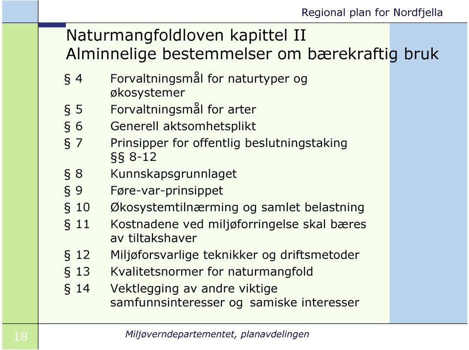 Økosystemtilnærming og samlet belastning 11 Kostnadene ved miljøforringelse skal bæres av tiltakshaver 12 Miljøforsvarlige teknikker og