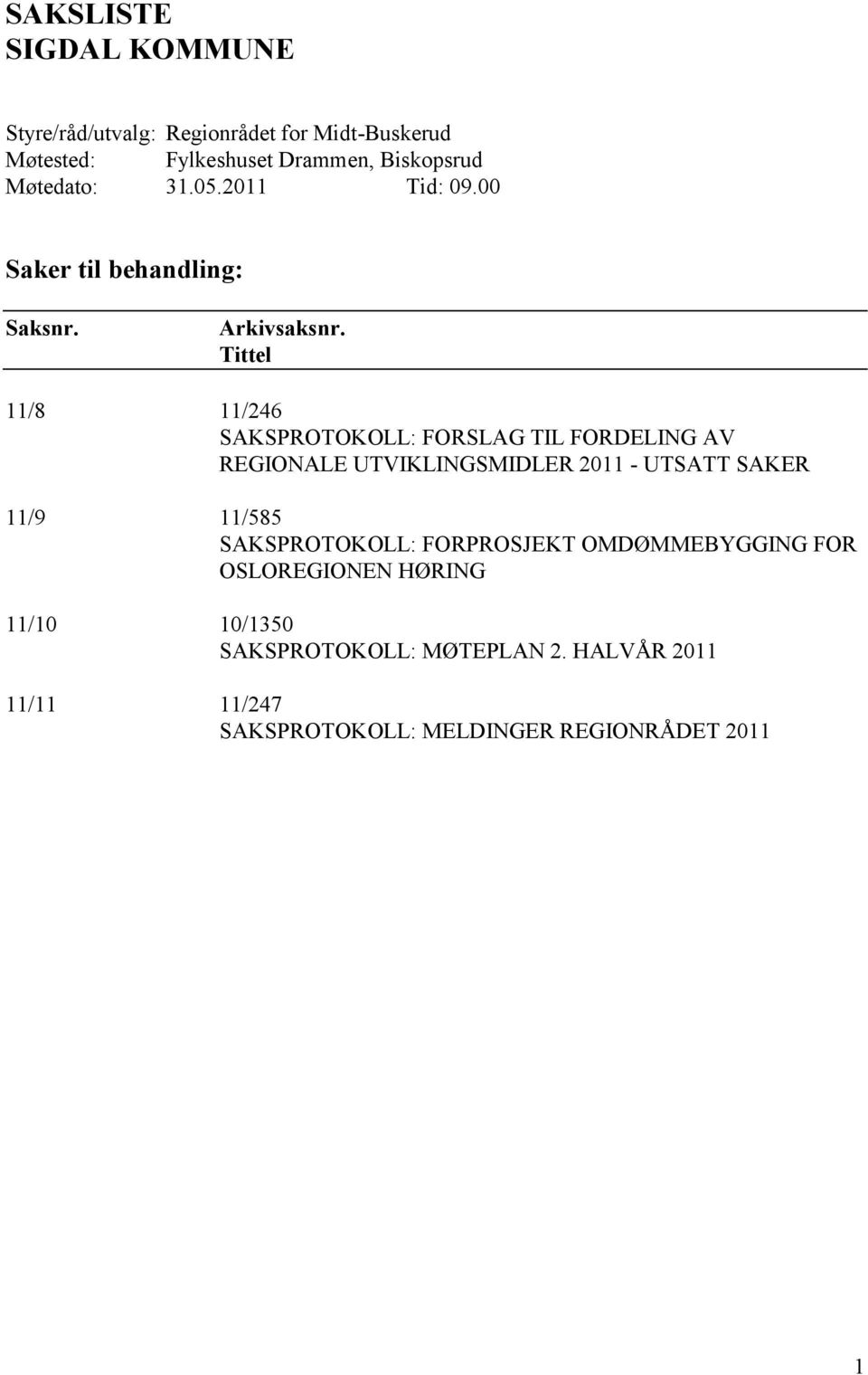 Tittel 11/8 11/246 SAKSPROTOKOLL: FORSLAG TIL FORDELING AV REGIONALE UTVIKLINGSMIDLER 2011 - UTSATT SAKER 11/9