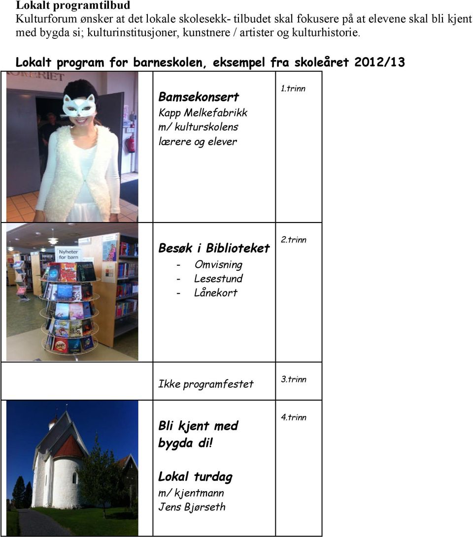 Lokalt program for barneskolen, eksempel fra skoleåret 2012/13 Bamsekonsert Kapp Melkefabrikk m/ kulturskolens lærere og