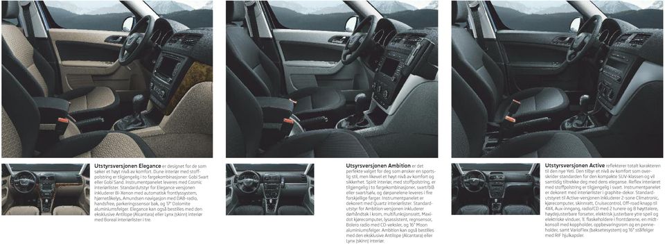 Standardutstyr for Elegance versjonen inkluderer Bi-Xenon med automatisk frontlyssystem, hjørnetåkelys, Amundsen navigasjon med DAB-radio, handsfree, parkeringssensor bak, og 17" Dolomite