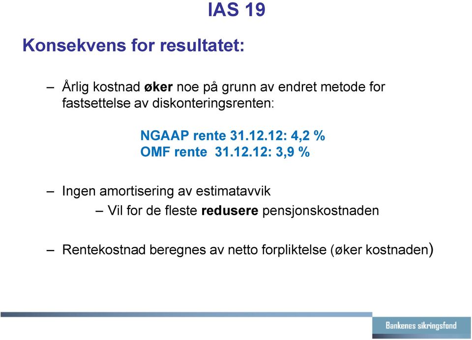 12: 4,2 % OMF rente 31.12.12: 3,9 % Ingen amortisering av estimatavvik Vil for