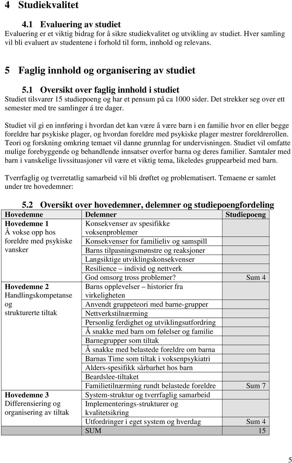 1 Oversikt over faglig innhold i studiet Studiet tilsvarer 15 studiepoeng og har et pensum på ca 1000 sider. Det strekker seg over ett semester med tre samlinger á tre dager.