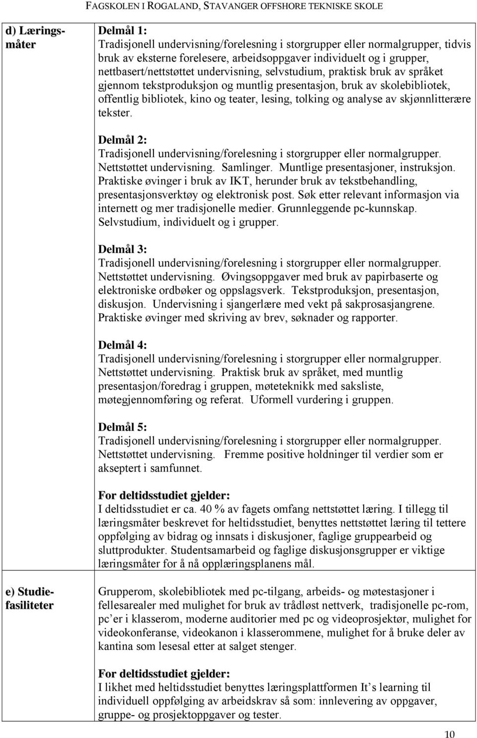 skjønnlitterære tekster. Delmål 2: Tradisjonell undervisning/forelesning i storgrupper eller normalgrupper. Nettstøttet undervisning. Samlinger. Muntlige presentasjoner, instruksjon.