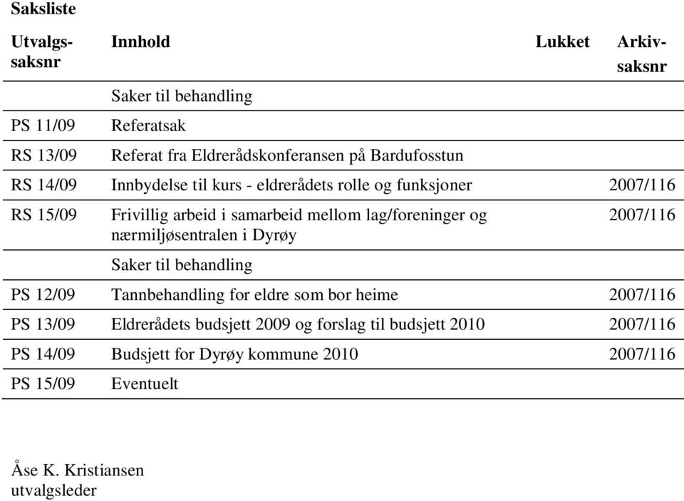 lag/foreninger og nærmiljøsentralen i Dyrøy Saker til behandling 2007/116 PS 12/09 Tannbehandling for eldre som bor heime 2007/116 PS 13/09