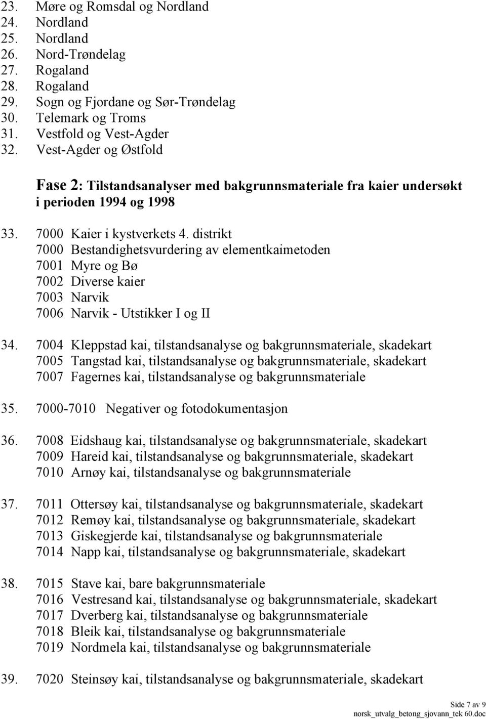 distrikt 7000 Bestandighetsvurdering av elementkaimetoden 7001 Myre og Bø 7002 Diverse kaier 7003 Narvik 7006 Narvik - Utstikker I og II 34.