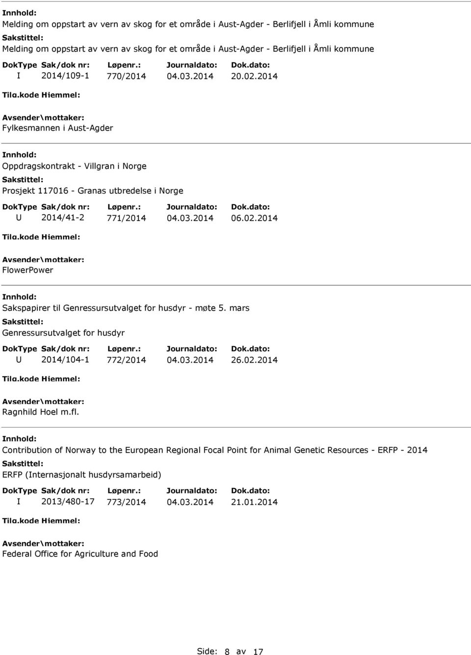 mars Genressursutvalget for husdyr 2014/104-1 772/2014 26.02.2014 Ragnhild Hoel m.fl.