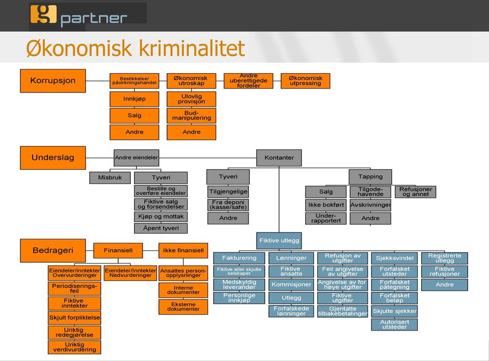 Avskrivninger Refusjoner og annet Kjøp og mottak Åpent tyveri Andre Underrapportert Andre Fiktive utlegg Bedrageri Eiendeler/inntekter Overvurderinger Ansattes personopplysninger Periodiseringsfeil