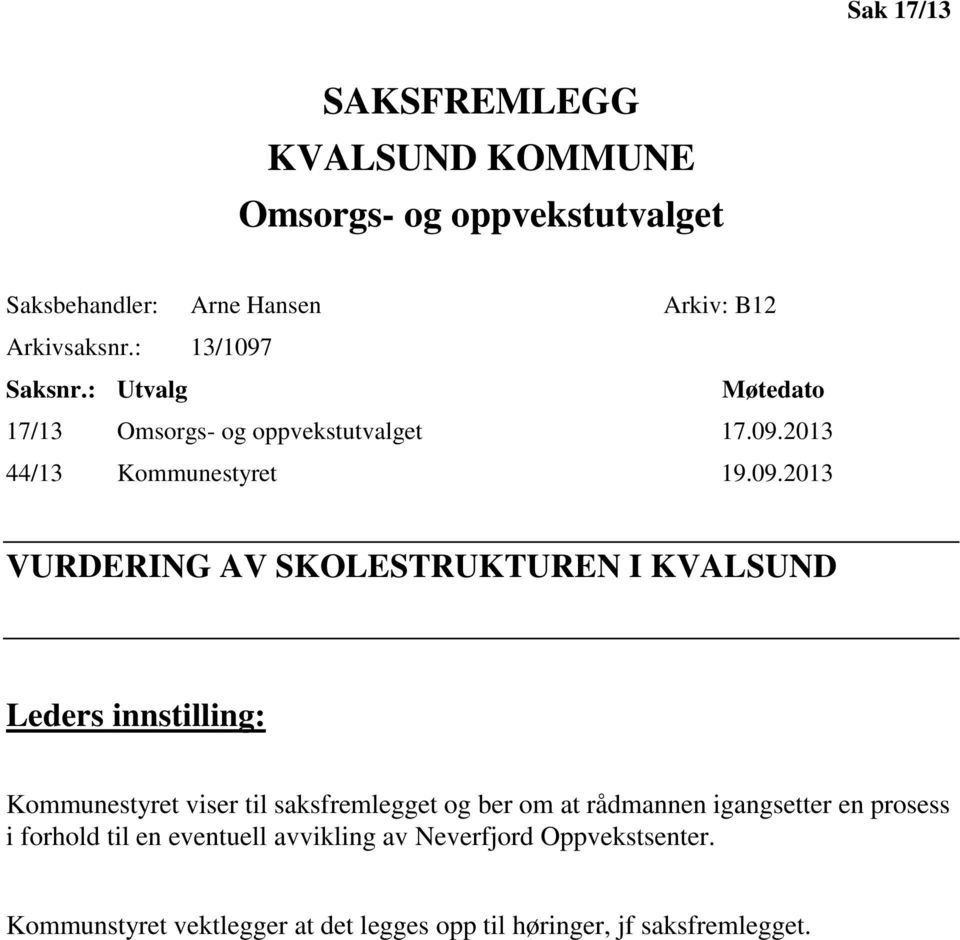 Saksnr.: Utvalg Møtedato 17/13 Omsorgs- og oppvekstutvalget 17.09.