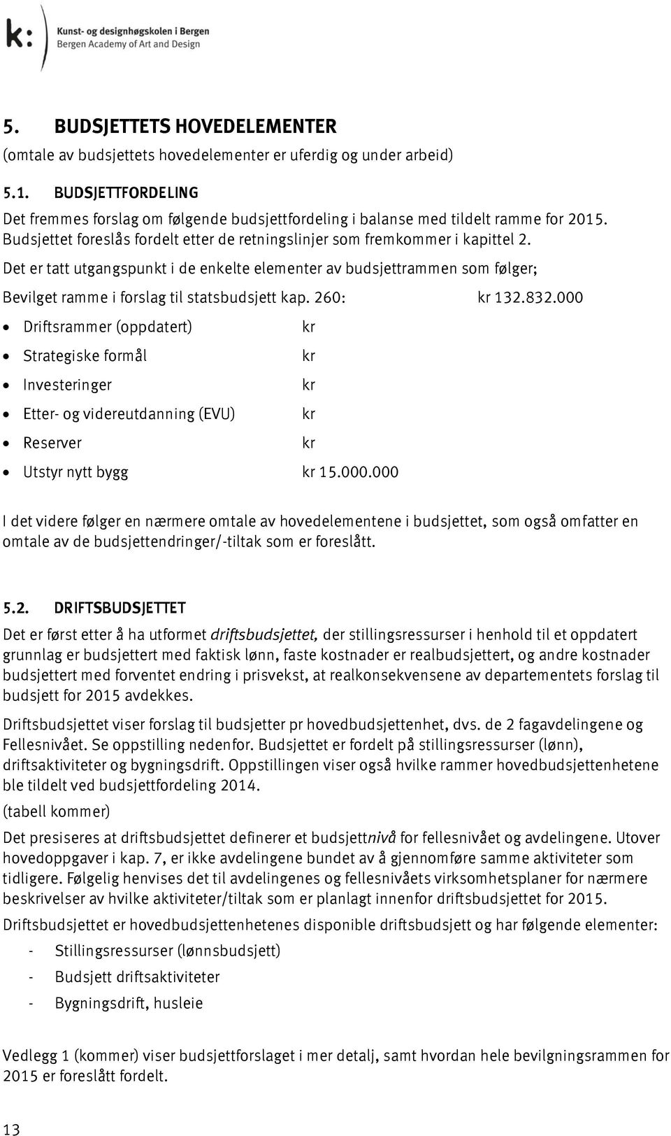 Det er tatt utgangspunkt i de enkelte elementer av budsjettrammen som følger; Bevilget ramme i forslag til statsbudsjett kap. 260: kr 132.832.