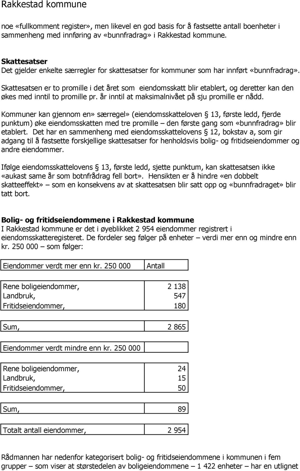 Skattesatsen er to promille i det året som eiendomsskatt blir etablert, og deretter kan den økes med inntil to promille pr. år inntil at maksimalnivået på sju promille er nådd.