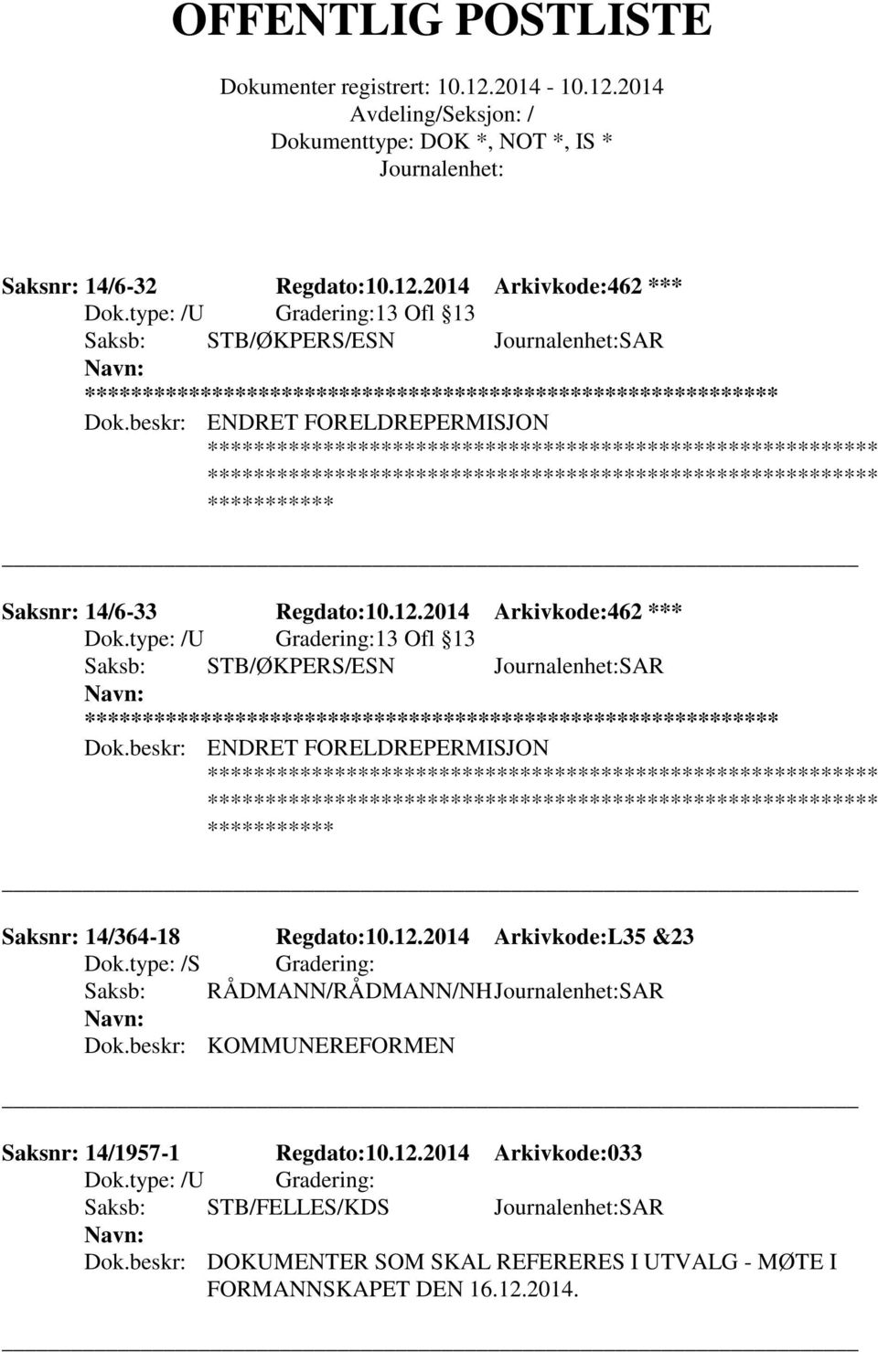 beskr: KOMMUNEREFORMEN Saksnr: 14/1957-1 Regdato:10.12.2014 Arkivkode:033 Saksb: STB/FELLES/KDS SAR Dok.