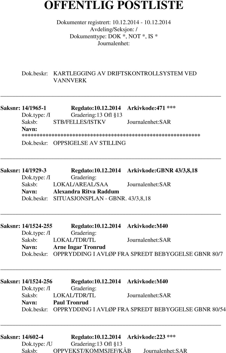 43/3,8,18 Saksnr: 14/1524-255 Regdato:10.12.2014 Arkivkode:M40 Saksb: LOKAL/TDR/TL SAR Arne Ingar Tronrud Dok.