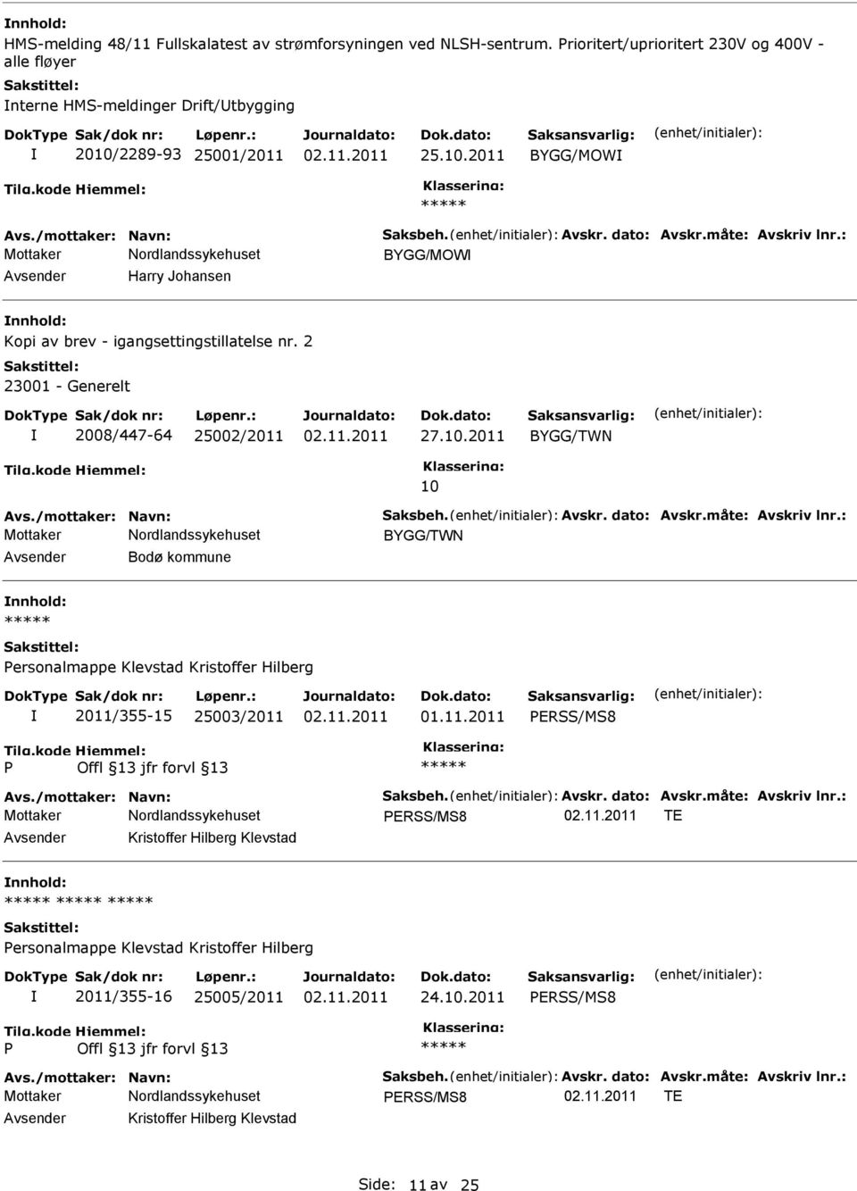 2011 BYGG/TWN 10 Avs./mottaker: Navn: Saksbeh. Avskr. dato: Avskr.måte: Avskriv lnr.: BYGG/TWN Bodø kommune ersonalmappe Klevstad Kristoffer Hilberg 2011/355-15 25003/2011 ERSS/MS8 Avs.