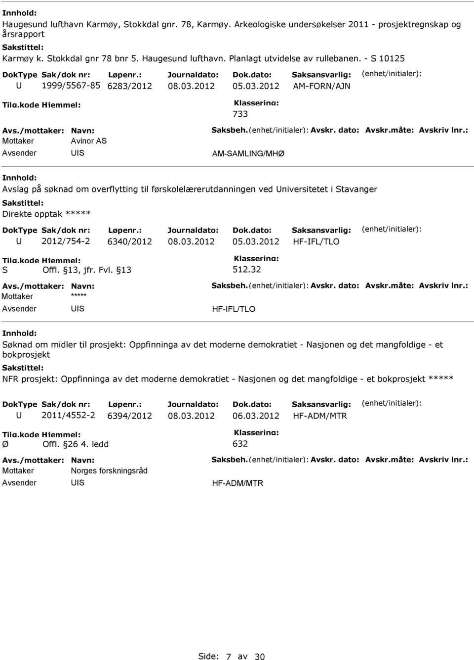 2012 AM-FORN/AJN 733 Mottaker Avinor A AM-AMLNG/MHØ Avslag på søknad om overflytting til førskolelærerutdanningen ved niversitetet i tavanger Direkte opptak ***** 2012/754-2 6340/2012 05.03.