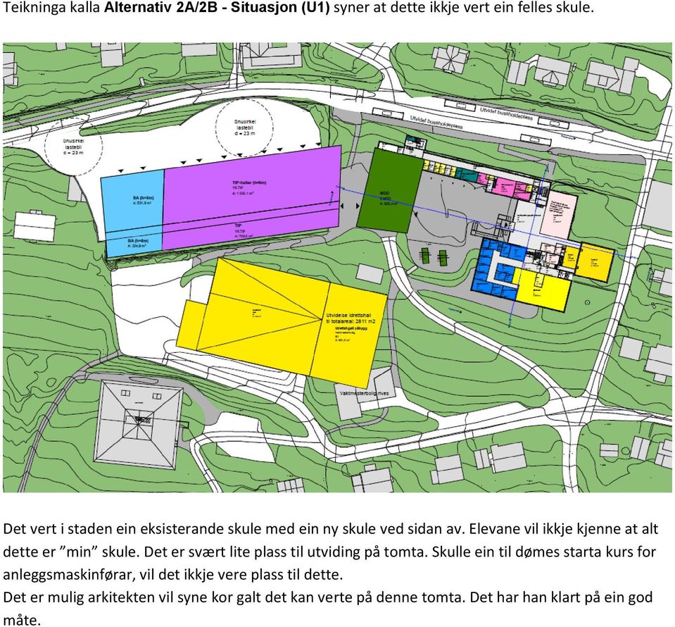 Elevane vil ikkje kjenne at alt dette er min skule. Det er svært lite plass til utviding på tomta.